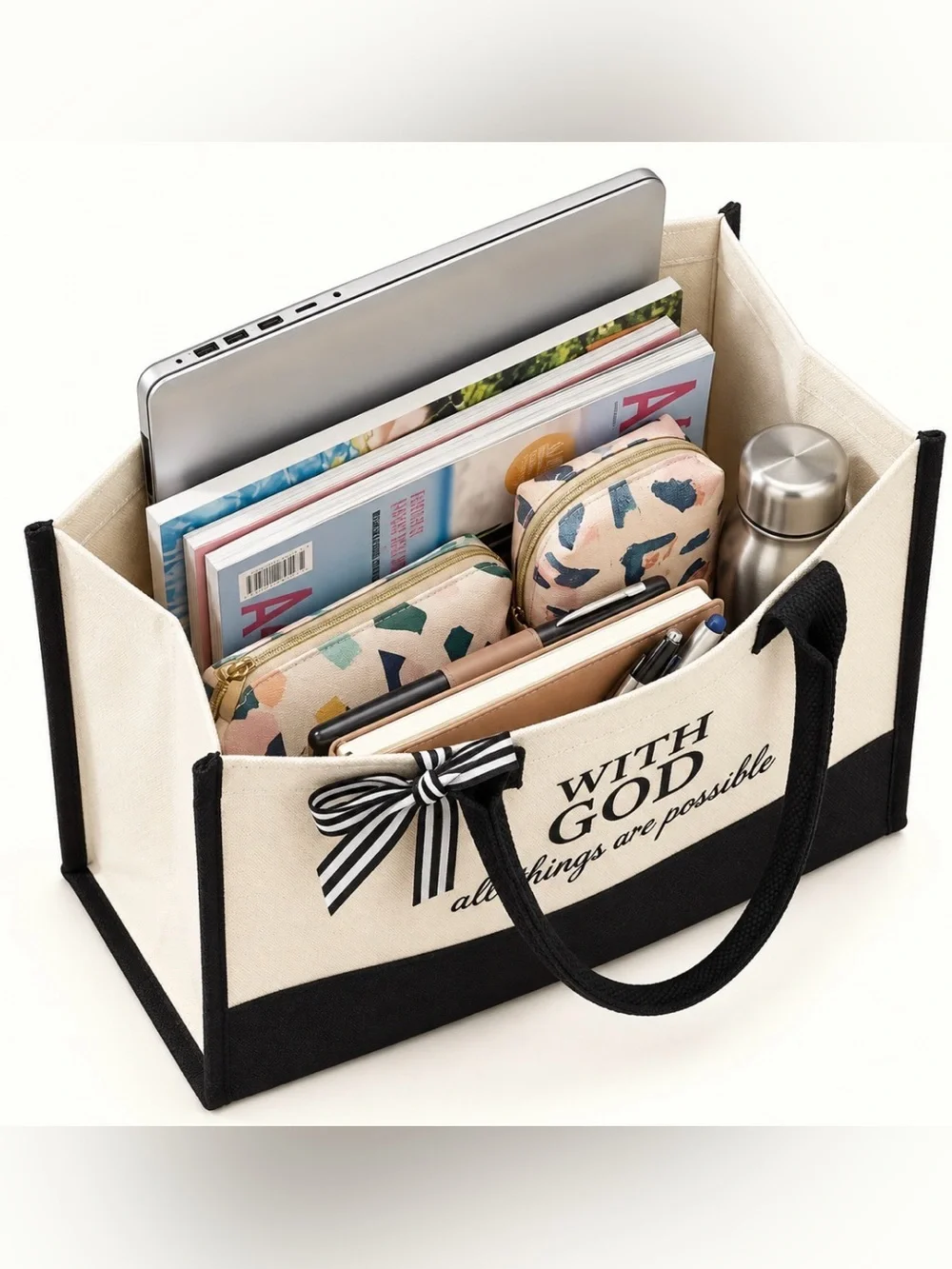 Canvas Tote Bag with Scripture Print - Black & Cream